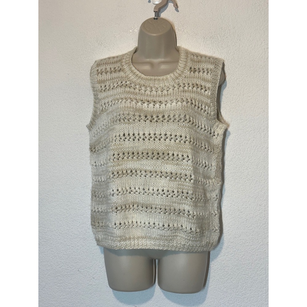 Vintage Handmade Cream Beige Pointelle Knit Sweater Vest Crew Neck Relaxed Fit